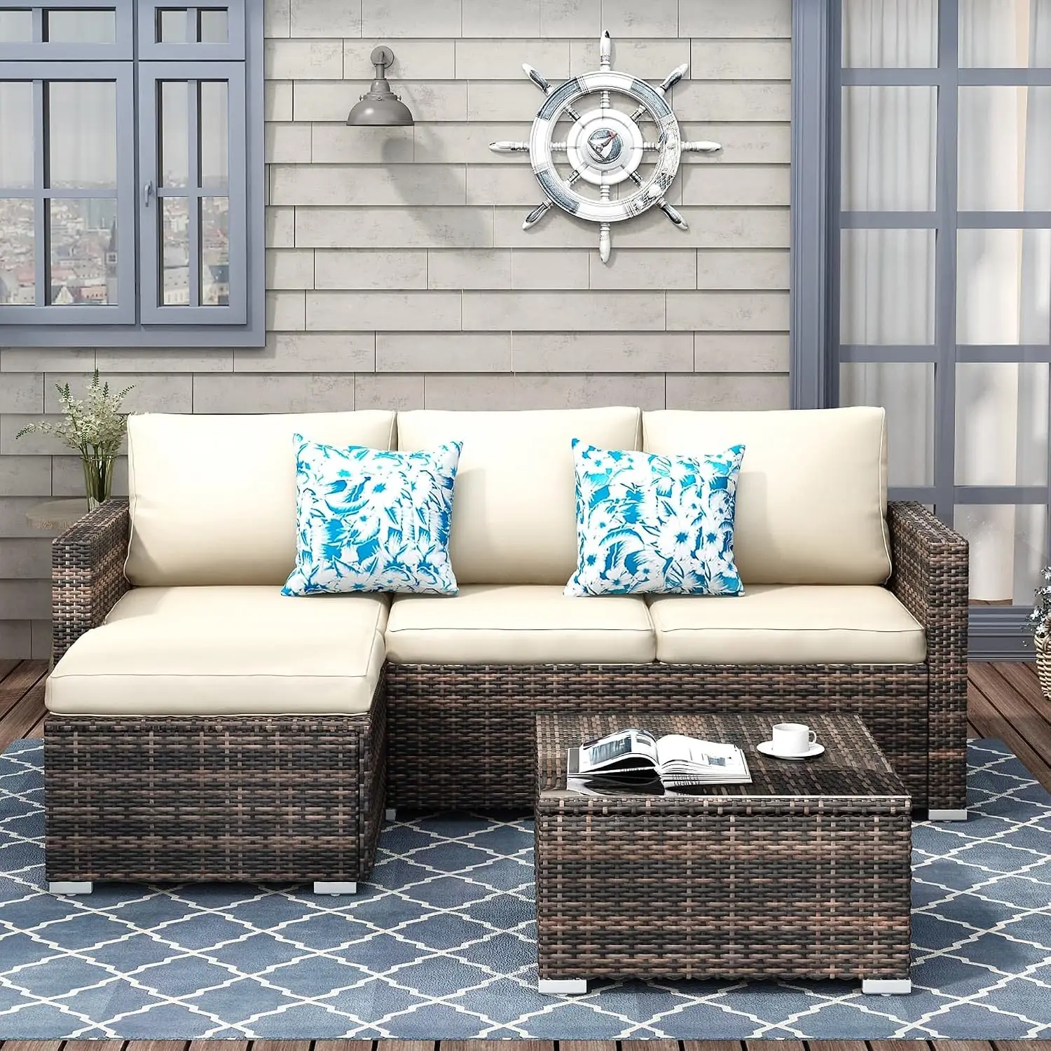 All Weather Wicker Outdoor Sectional Sofa With Table & Chairs 3 Piece Patio Furniture Set Beige, Customized