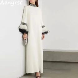 Aenyrst Luxury High Collar Cyrstal Birthday Evening Gowns customized Long Sleeves Feathers Prom Dress Ankle-Length فساتين طويلة