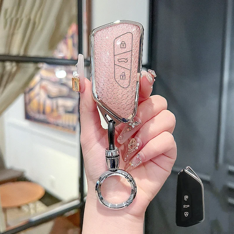 سيارة لشركة فولكس فاجن فولكس فاجن جولف 8 MK8 ID.3 ID.4 كوبرا سكودا اوكتافيا سيات ليون MK4 2020-2026 حافظة مفاتيح فوب حقيبة كريستال وردي تي بي يو #5