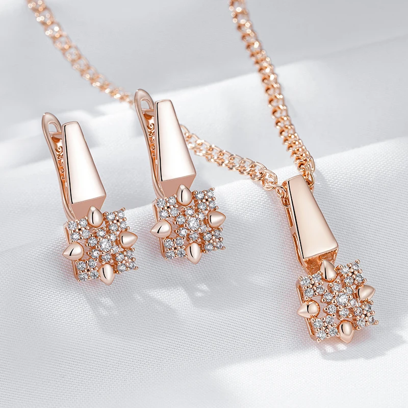 Kinel Hot 585 Rose Gold Color Crystal Flower Drop Earrings Pendant For Women Natural Zircon Accessories Daily Fine Jewelry Sets