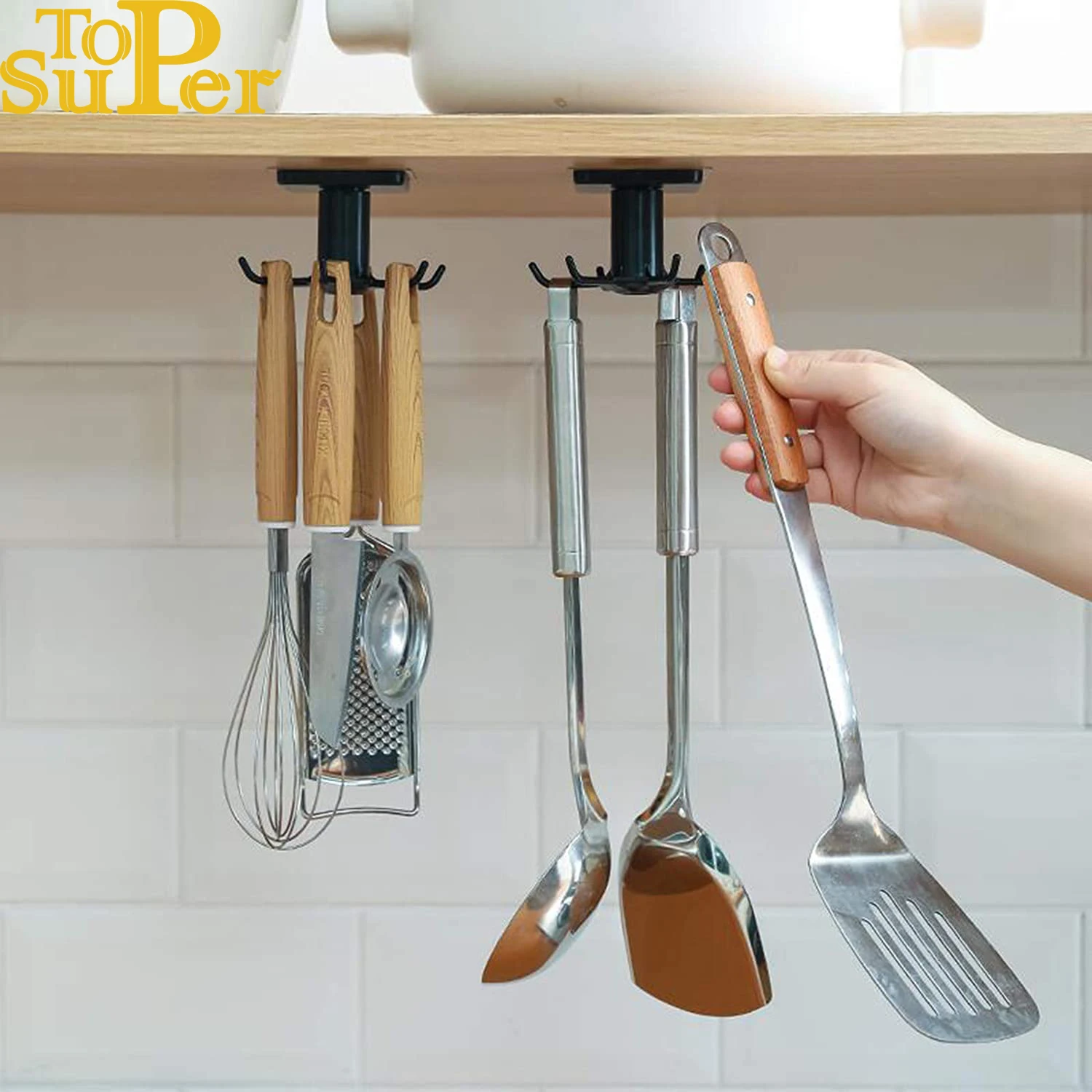 6 Hooks Kitchen Rack Kitchen Organizer Home Accessories 360 Degrees Rotating Cabinet Hanger Utensils For Kitchen Convenience