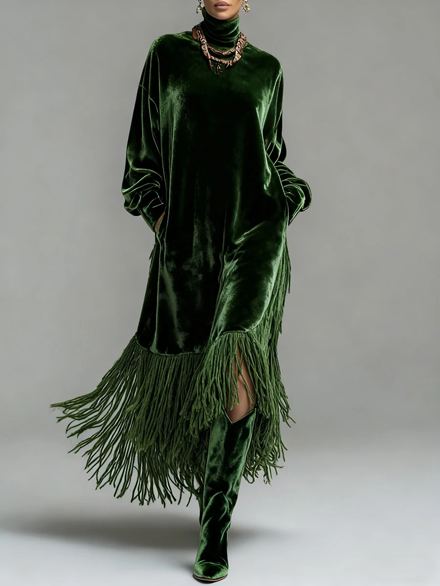 

Женское бархатное платье макси с воротником-стойкой, бахромой и асимметричным подолом, свободного кроя, с длинными рукавами, сексуальное