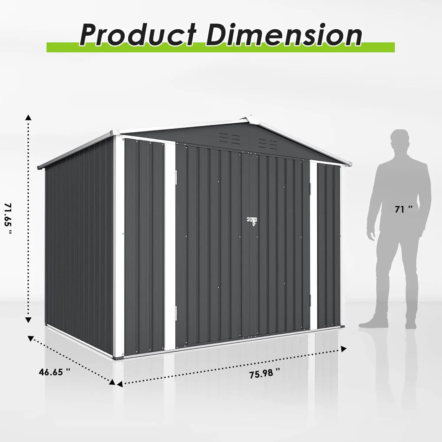 Outdoor 4x6 piedi Tool House con porta francese cortile giardino capannone di stoccaggio prato all'aperto tetto in acciaio stile capannone, giardino (grigio)