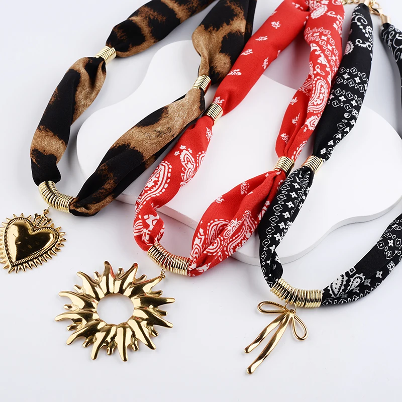 New Trendy Necklace Bandanas , Handkerchiefs Ring Necklace with Stainless Steel Charms Heart Bow Pendants