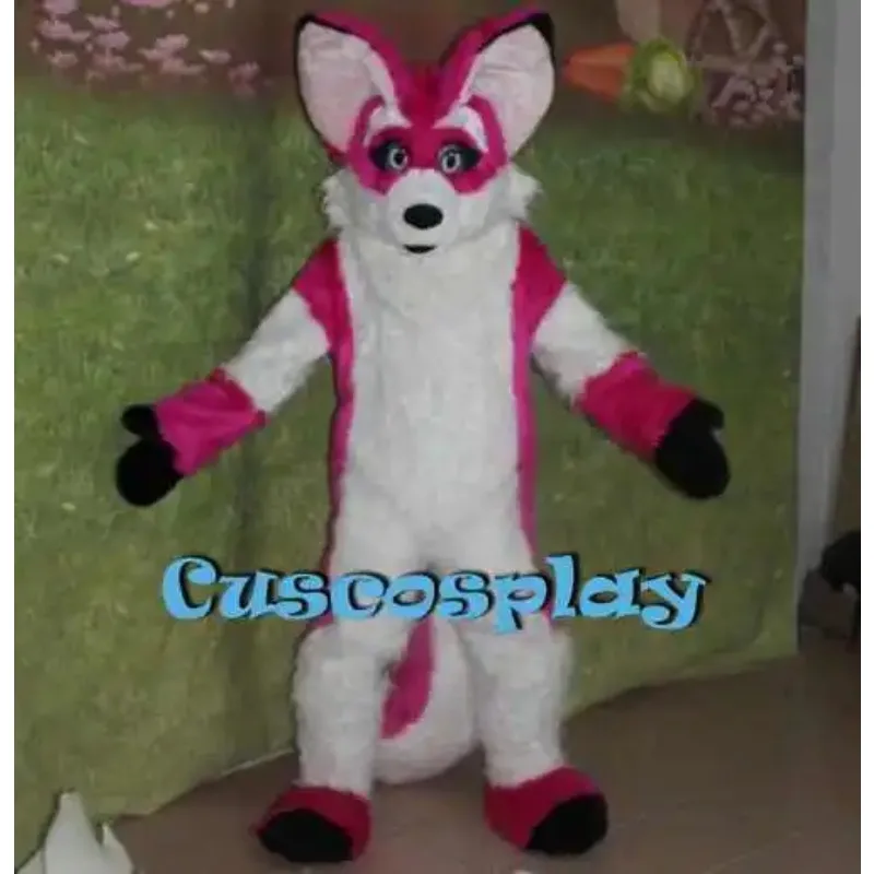 

Pink Red Long Fur Furry Fox Wolf Husky Dog Mascot Costume Fursuit Adult Cartoon Annual Celebration Amusement Park