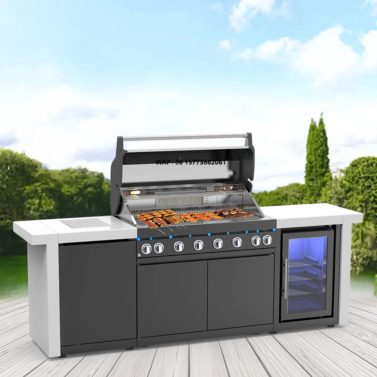 #304 Stainless Steel Double Door Refrigerator BBQ Island Outdoor Kitchen Grill with Fridge