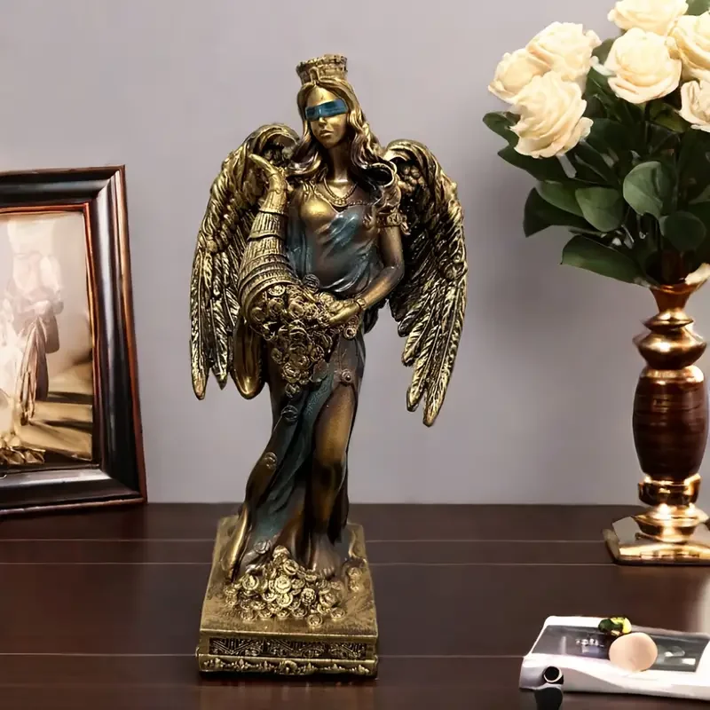 Resin Blinded Greek Goddess Fortune Figurine Goddess of Good Fortune and Wealth Sculpture Home Office Decor Gift