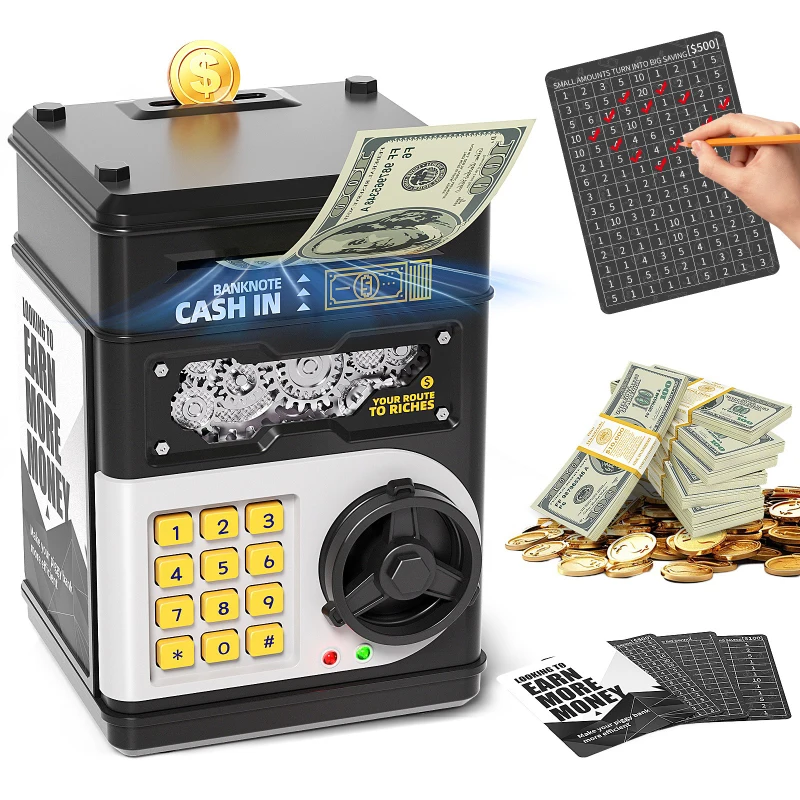 Automatic Roll Money ATM Piggy Bank, Electronic Password Safe Box with Coin & Bill Saving, Large Electric Savings Bank for Kids