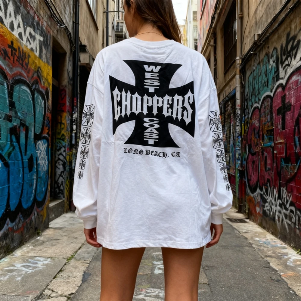 KUCLUT 1:1 Fashion Luxury Brand American Style Printed Tee Oversize Long Sleeves 100%Cotton Tops Loose Vintage T Shirt Men