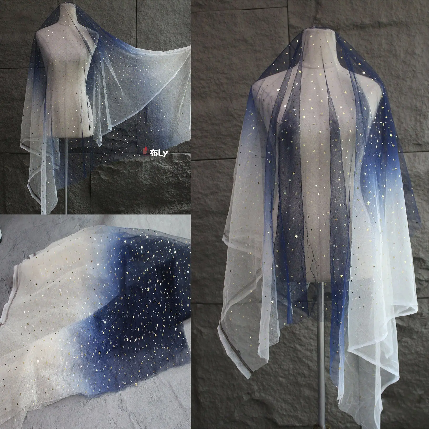 

Абрикосово-синяя градиентная сетчатая ткань с пайетками для рукоделия и дизайна фона