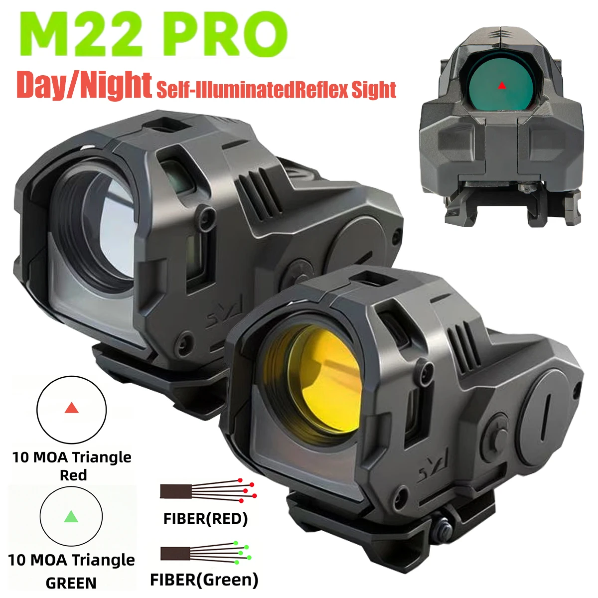 

M22 PRO Reflex Red Dot Sight Day/Night Self-illuminated Real Fiber Scope 10 MOA Triangle Red/Green Reticle with Original Logo