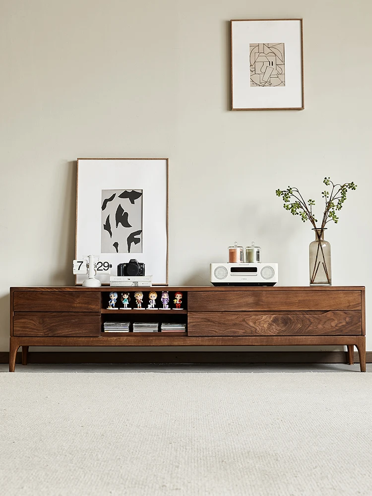 

Black walnut TV cabinet Nordic simple solid wood living room storage floor cabinet