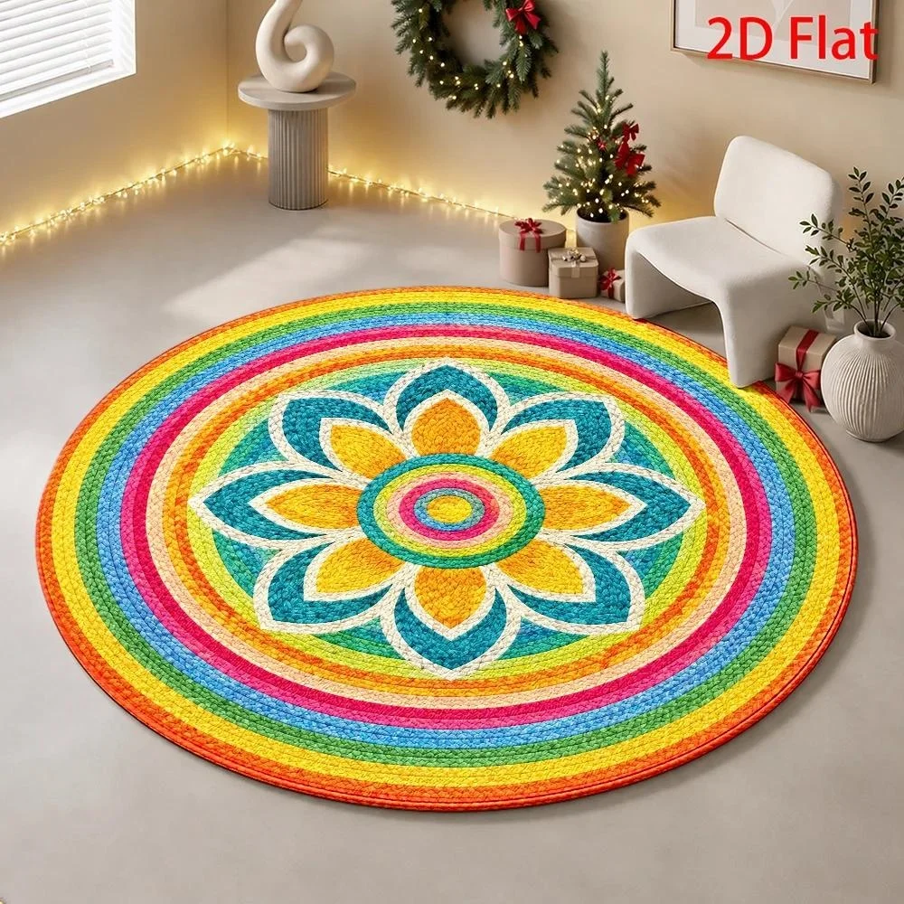 Abstract Blue Leaf Curved Shape Round Rug, Geometric Organic Circular Floor Carpet, Muted Tone Art Mat for Balcony Sunroom