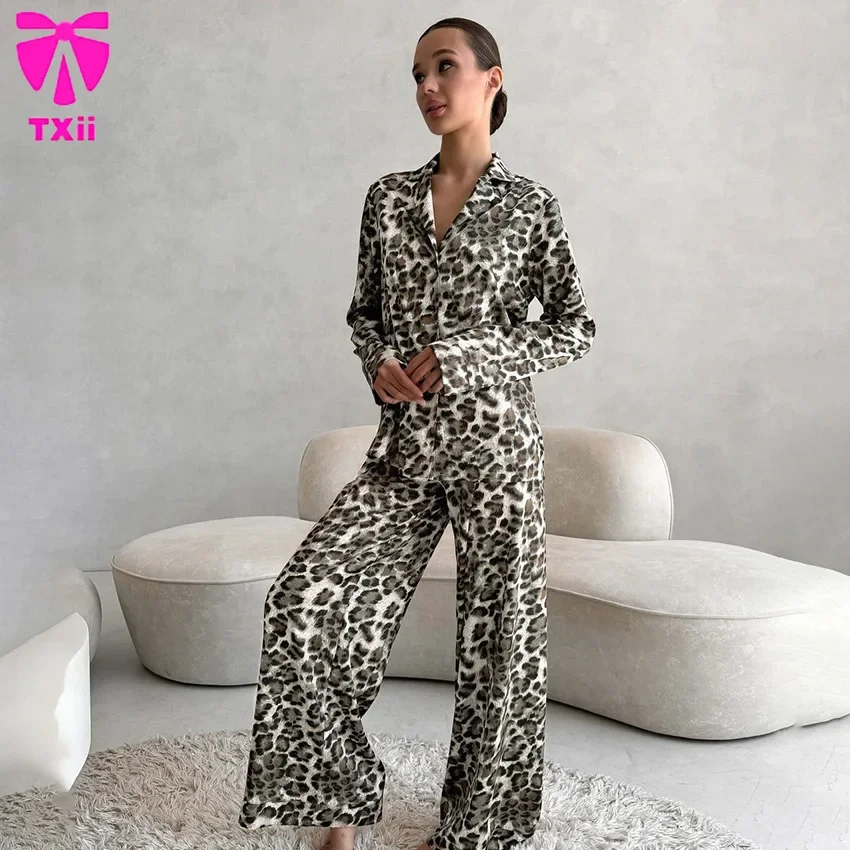 TXii New Leopard Print Women\'s Pajama Set Spring Autumn Ladies Homewear Turn Down Collar 2 Pcs with Pant Pyjama Suit Female