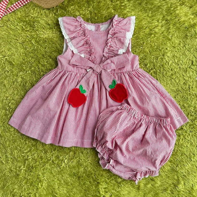 2PCS New Vintage Red Stripe Girls Dress Infant Toddler College Style Girls Casual Dresses A3815 Summer Dress Ropa Niña