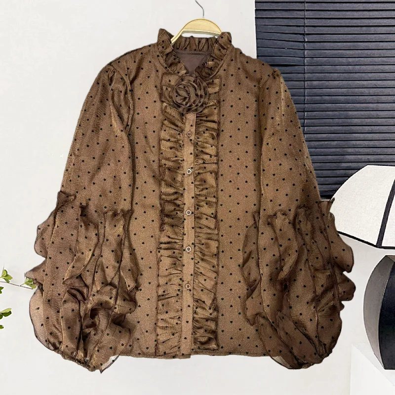 

SuperAen French-style V-neck Shirts Women's Spring and Autumn New Design Ruffles Long-sleeved Chiffon Shirts