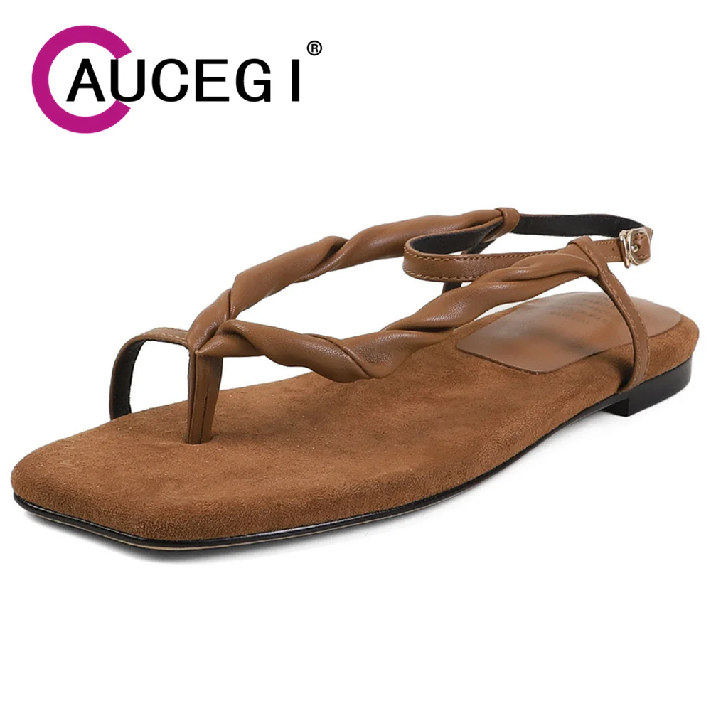 

Aucegi Summer Sandals Women Pinch Toe Dress Party Handmade Shoes Female Peep Toe Soft Genuine Leather Narrow Band Sandals