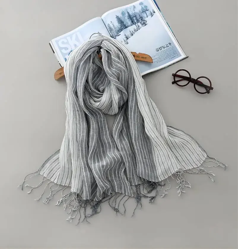 

Льняной полосатый шарф для взрослых, головной платок, шарф-хиджаб, женский тюрбан