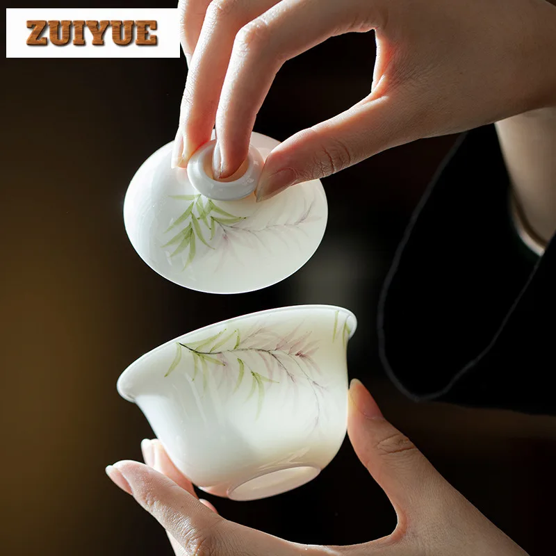 120ml Hand-painted Wisteria Flower Gaiwan Handmade White Porcelain Tea Tureen Tea Maker Cover Bowl Gongfu Tea Items Decoration