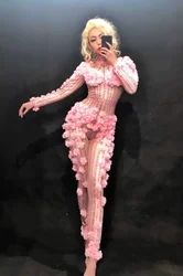 False Perspective Body Suit Nightclub Bar Sexy Jazz Pole Dance Performance Costume Pink Flower Rhinestone Photography Clothes