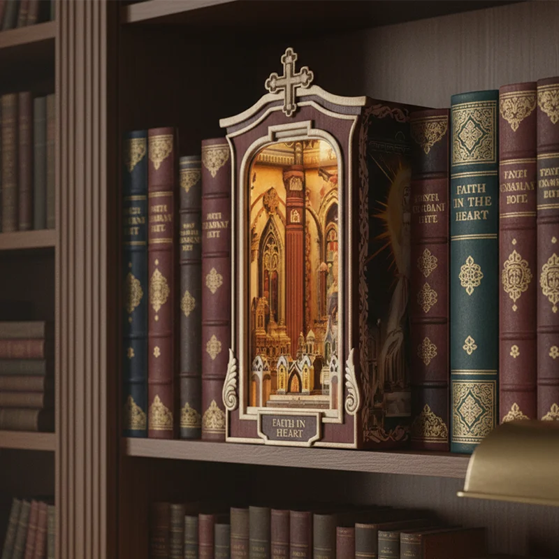 Book Nook Kit Cathedral DIY 3D Puzzle Classic Wooden Nativity Scene Ornament Bookshelf Dollhouse Model Bookend Building Home Dec