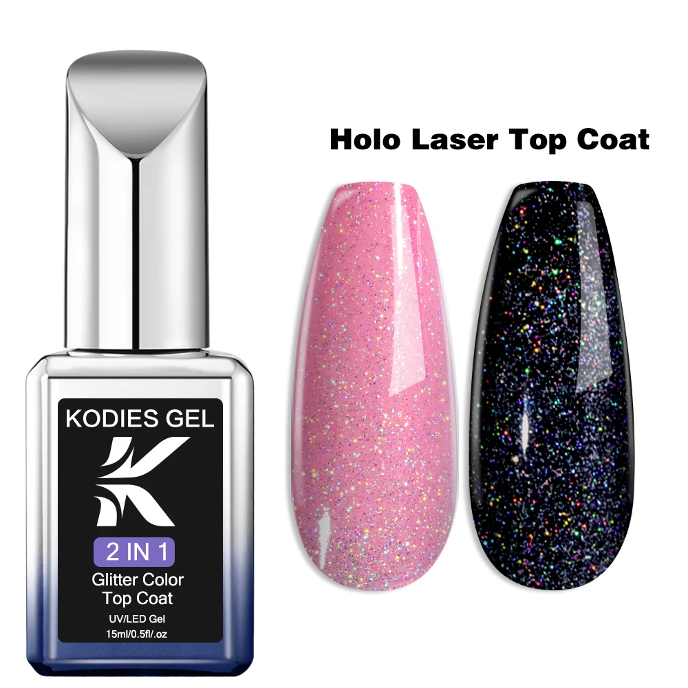 KODIES GEL Laser Top Coat Smalto per unghie gel UV 2 IN 1 Glitter Arcobaleno Shine Gel Finitura superiore Sigillante Semi permanente LED Manicure per unghie