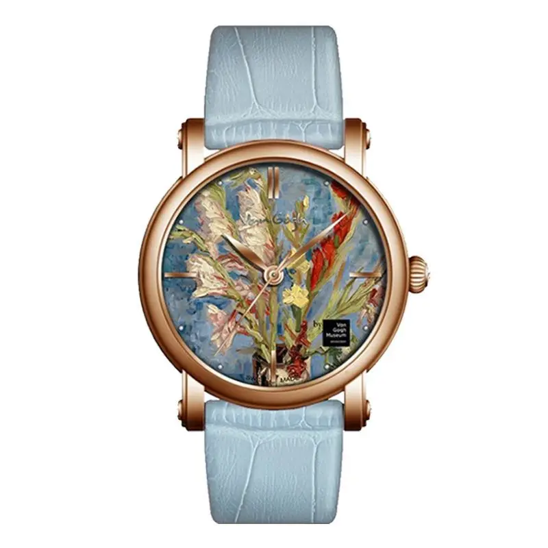 VanGogh Girls Quartz Watch 3D Printed Oil Painting Surface Cowhide Belt