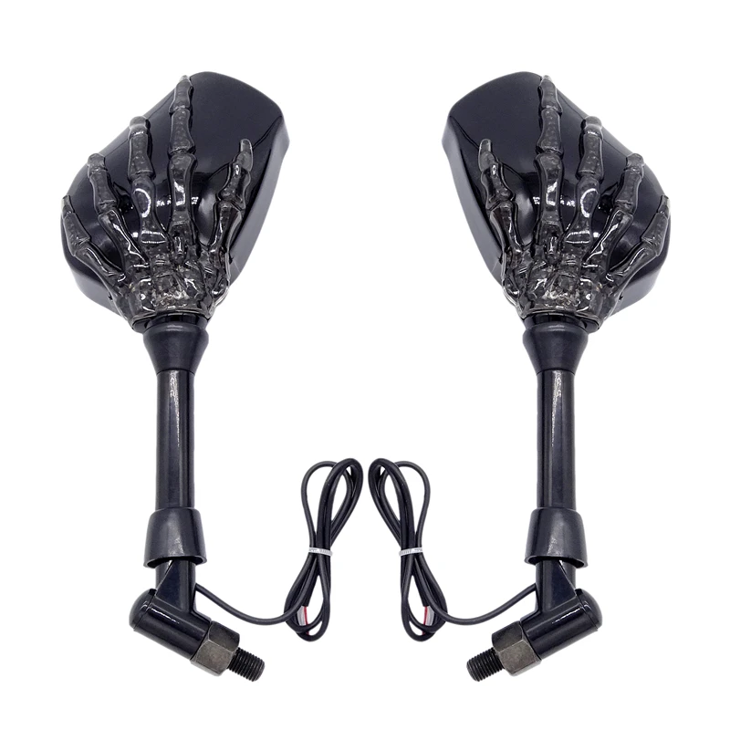 2 Pcs Motorcycle Side Mirror 12V LED Signal Lights Custom Shape Skull Hand Claw Skeleton Universal Rear View For Most Motobike