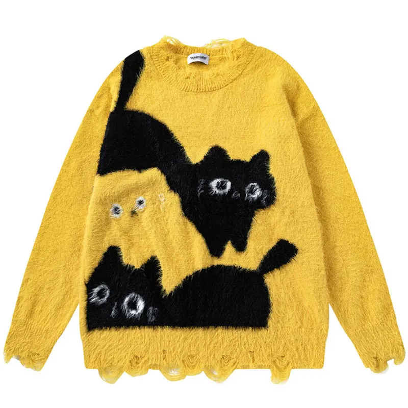 Harajuku Sweaters Grunge Cute Cat Knitted Ripped Holes Jumpers Streetwear Men Hip Hop Casual Baggy Long Sleeve Pullover Sweaters