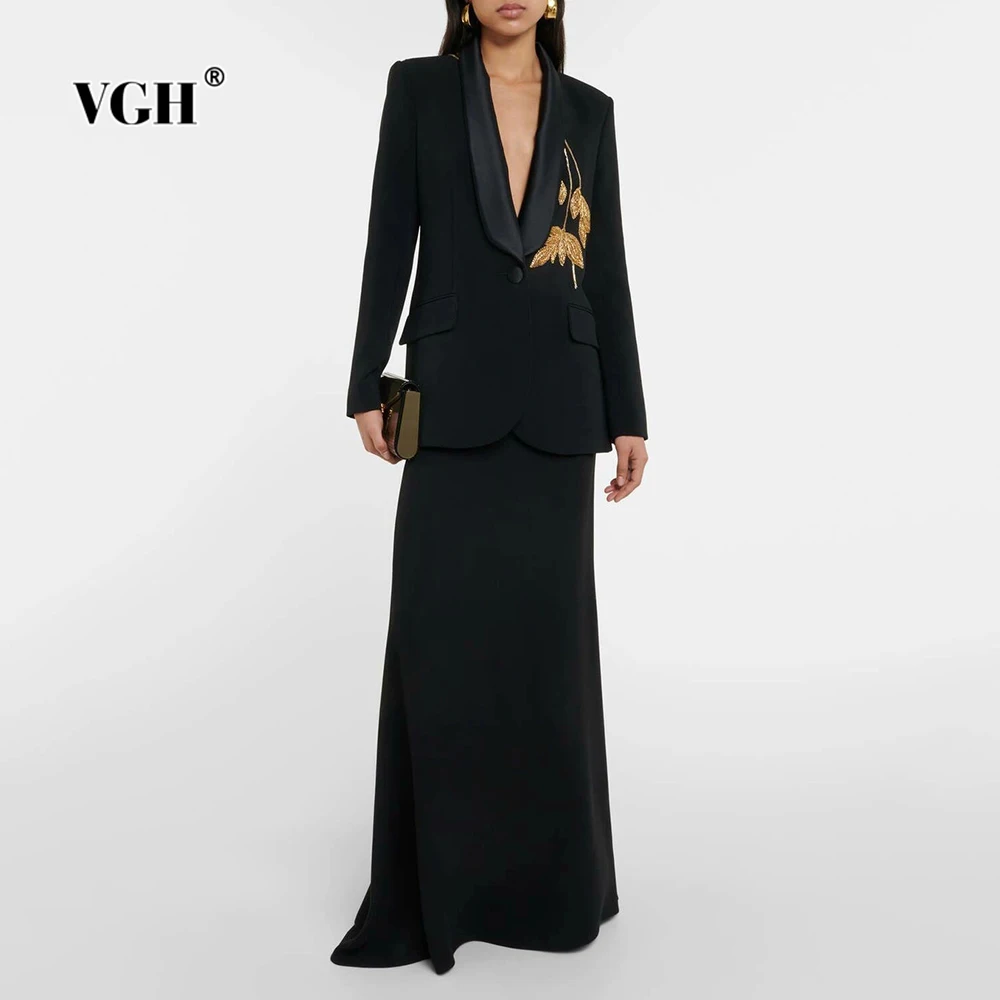

VGH Spliced Beading Two Piece Set for Women Shawl Collar Long Sleeve Slim Balzer High Waist Flare Trousers Elegant Sets Female