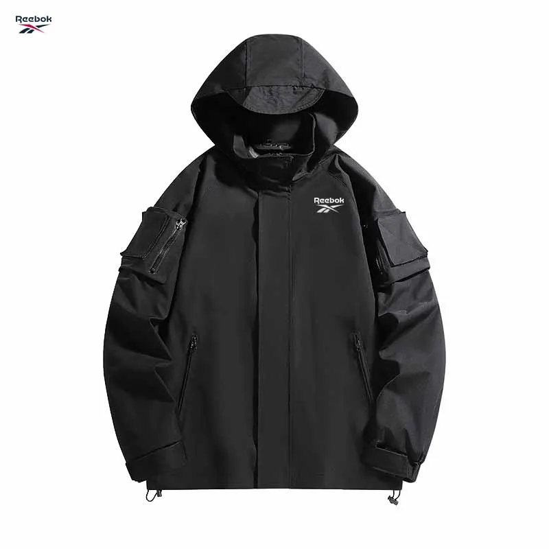 Reebok logo men's outdoor cycling hooded windproof jacket. Suitable for hiking and camping. Lightweight and suitable for spring