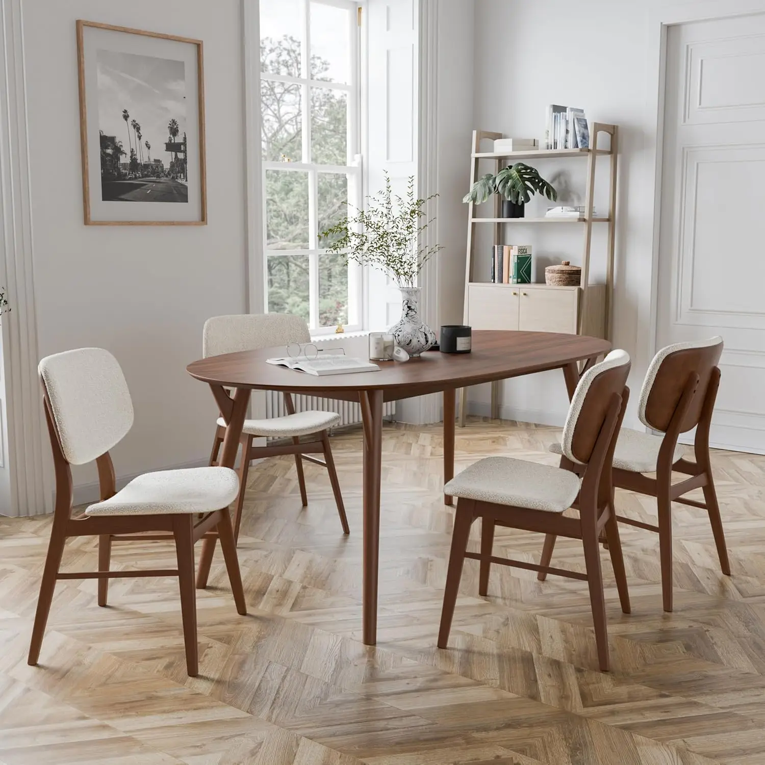 5 Piece Brown Oval Dining Table Set with Upholstered Chairs, Seats up to 4, for Home, Kitchen, Living Room, Walnut