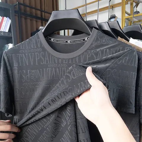 Högkvalitativa Jacquard Nylon Spandex Designer 2024 Märketoppar Herr Enfärgad Sommar-T-shirt Kortärmad Casual Modekläder 10 best sales t-shirt i nylon och spandex - №1