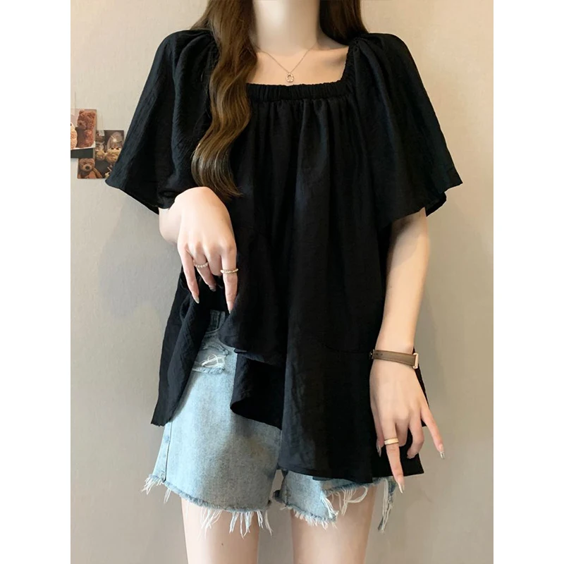 French Style Irregular Super Fairy Short Sleeves Cotton Linen Shirt for Women\'s Summer New Loose Slimming Belly Covering Top