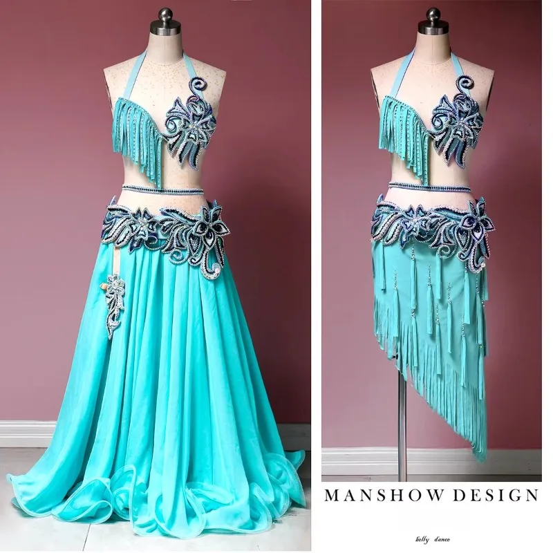 تخصيص الرقص الشرقي زي المرأة أداء اللباس الصدرية شرابة مستوحاة طويلة وقصيرة كبيرة سوينغ تنورة مزدوجة التبديل مجموعة