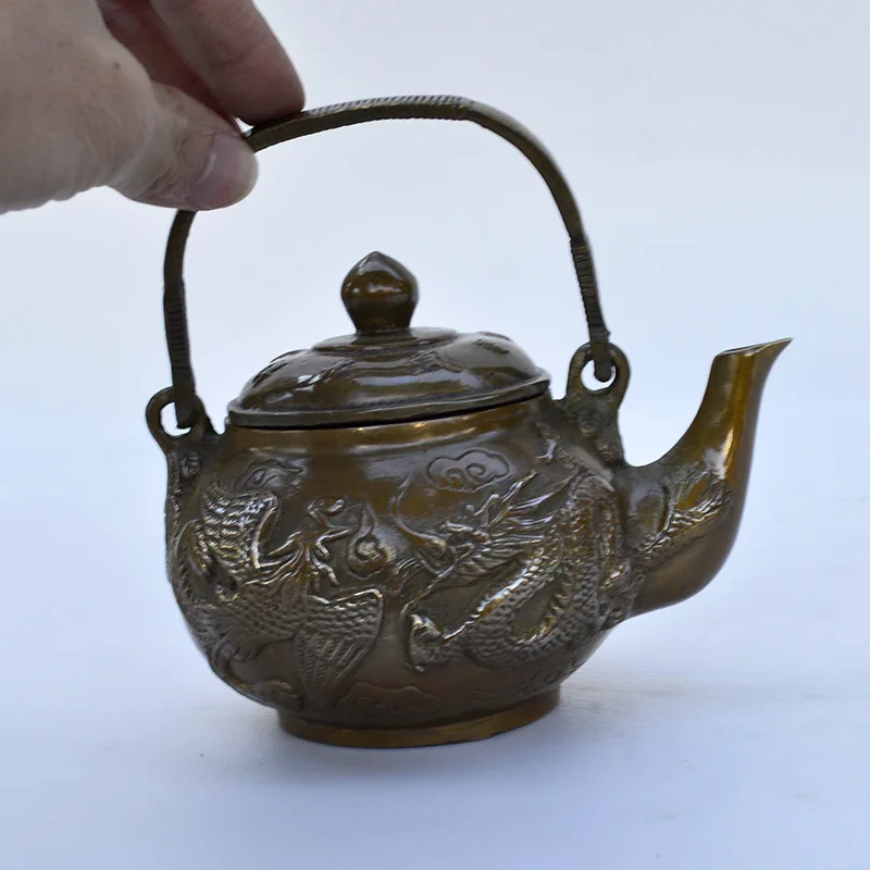 Pure copper metal craft, hand-carved, business office dragon and phoenix teapot ornament