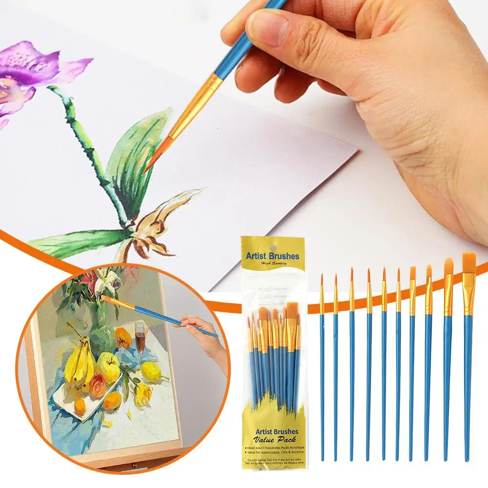 

10Pcs Plastic Short Rod Art Painting Watercolor Gouache Oil Brush Multi-color Multi-functional Nylon Hair Paint Brush Artist Set