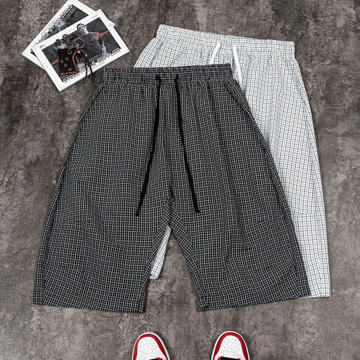 Plaid Seam Splicing Pleating Plaid Man Fashionable Comfortable Cool Personality Korean Loose Casual Drawstring Thin Style