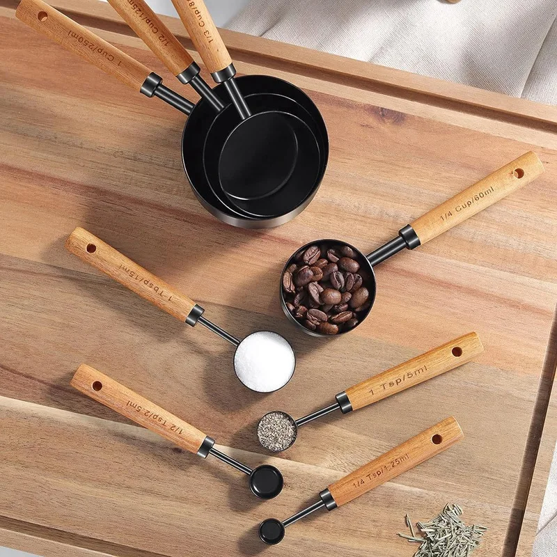 Measuring Cups And Spoons , Wood Handle With Metric And US Measurements, Dry & Liquid Measuring Cup 8Pcs Wood Brown & Black