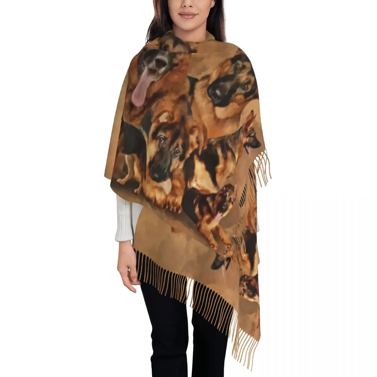 German Shepherd Dog Tassel Scarf Women Soft Animal Lover Shawls Wraps Lady Winter Scarves