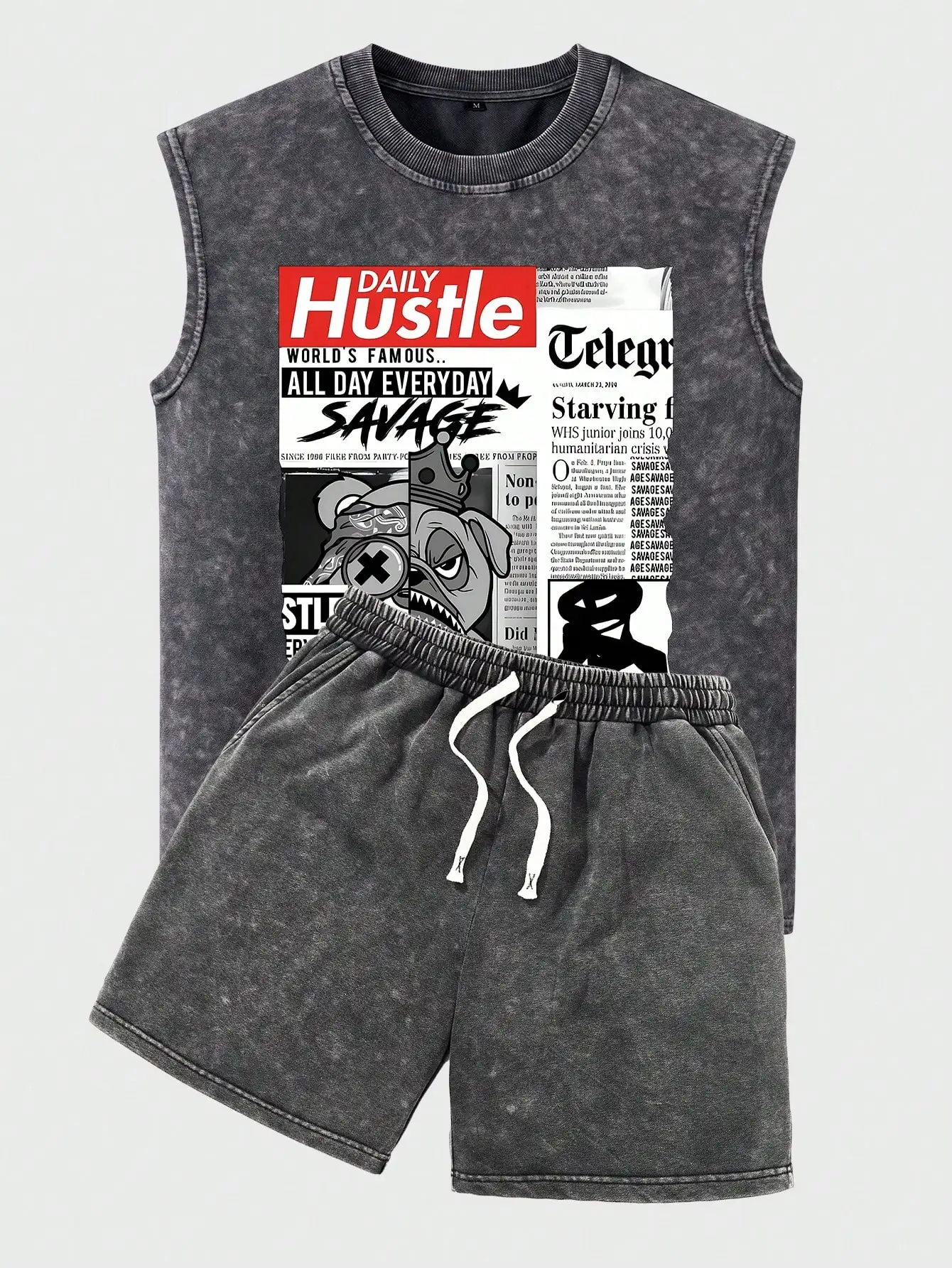 

2-Piece Men's Washed Black Sleeveless Top & Drawstring Shorts Set, Newspaper-Style Graphic Print, Casual Summer Wear