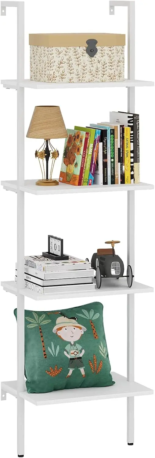 

Ladder Shelf 4 Tiers Industrial Bookshelf,White Wooden Tall Open Storage Rack and Display Shelves,Wall Mount Wide Boo