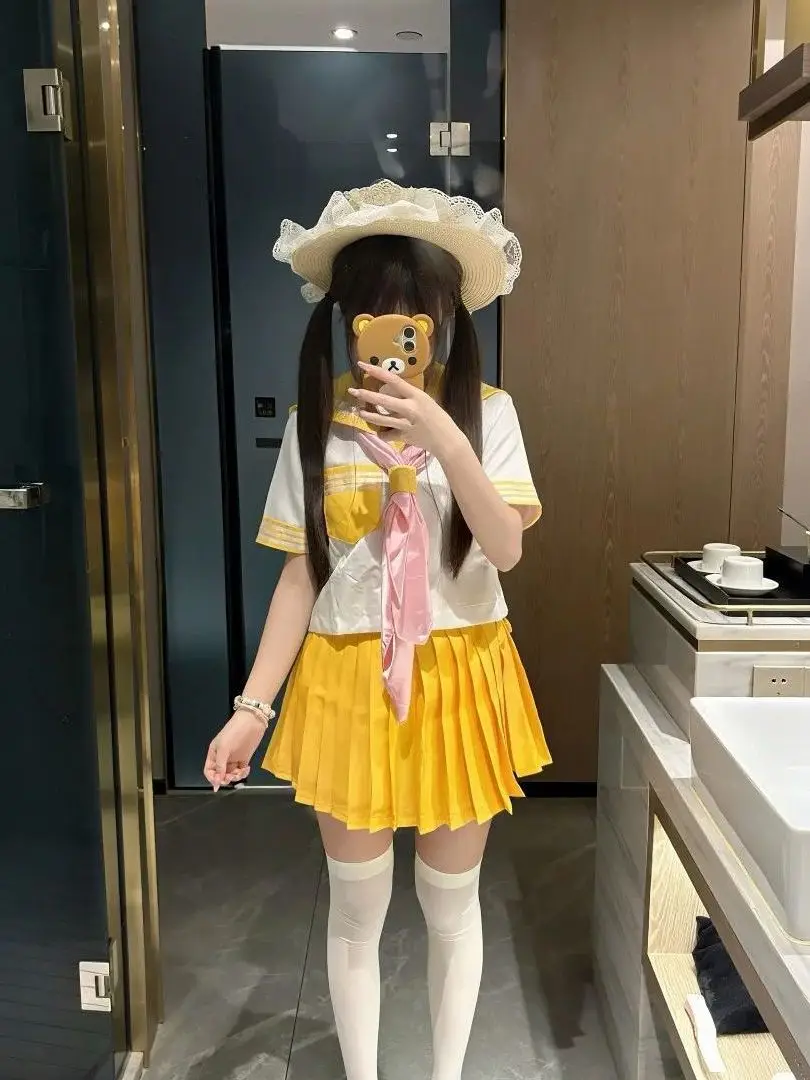 Yellow Short-Sleeved Sailor Suit Shirt Versatile JK Uniform Set with Short Skirt Durable Polyester Material for Casual Wear