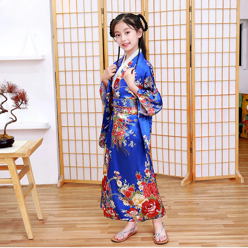 

Children Girls Red Japanese Kimono Bathrobe Gown Print Flower Performance Clothing Yukata With Obitage Soft Cosplay Costume