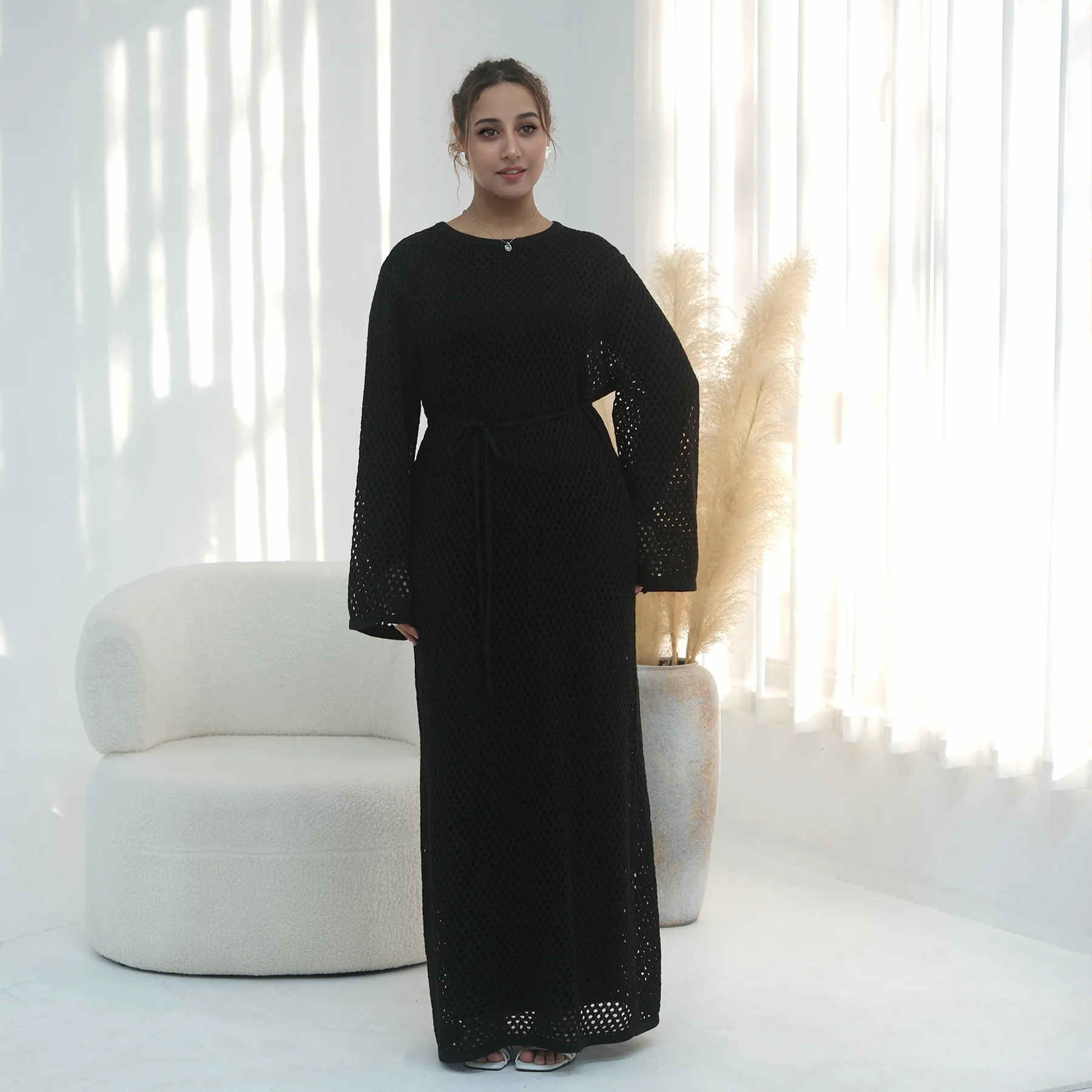 2026 Ramadan Gebreide Hollow Out Abaya Dubai Kaftan Vrouwen Moslim Jurk Eid Islam Kleding Turkije Caftan Femme Musulmane Arabische Gewaad