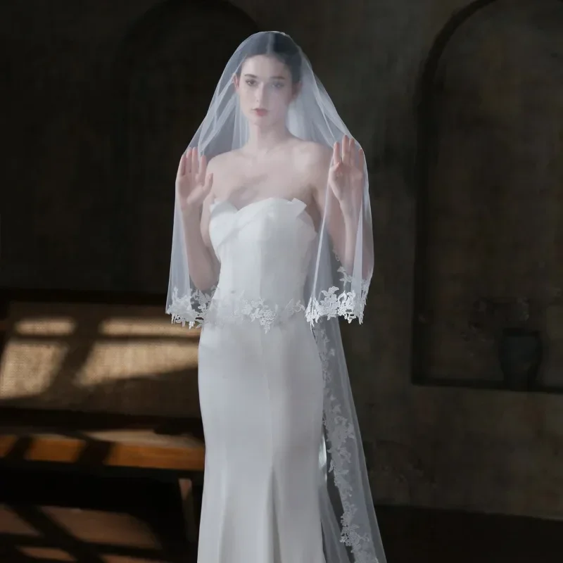 Trailing Bridal Veil Long Double Layer Lace Covering Church Wedding Soft Veil Headpiece