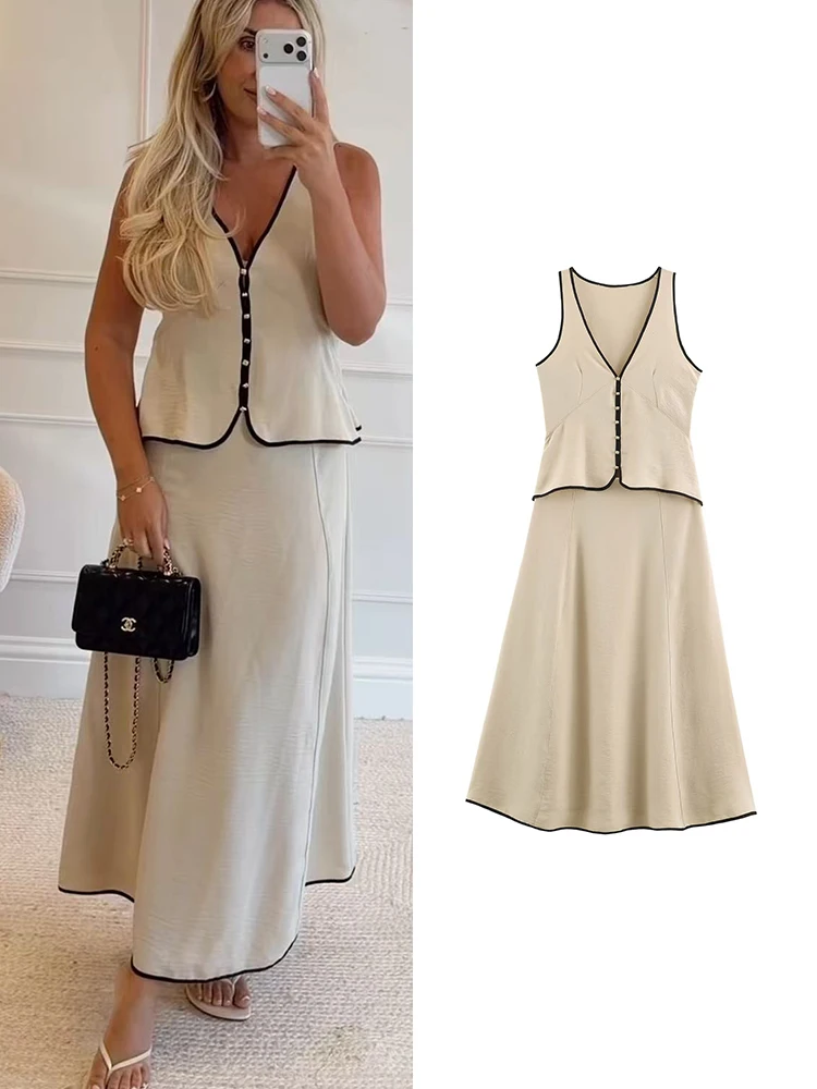 TFMLN Women’s Elegant Sleeveless Midi Dress 2026 Summer V-Neck Contrast Trim Chic Button Decoration Female Slim Long Dress