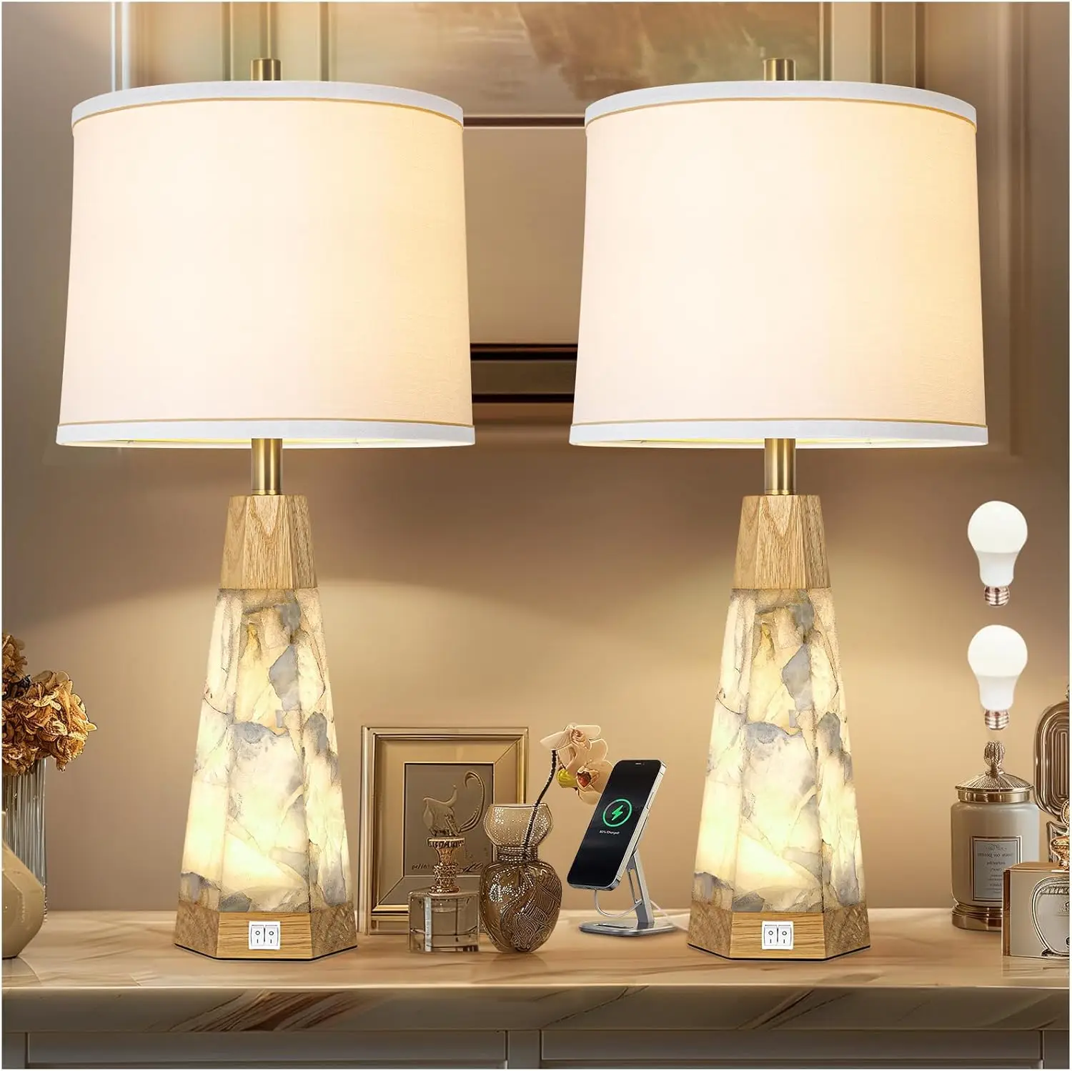 Wood Table Lamp Set of 2 With Night Light Nightstand Lamps With USB Ports White Linen Fabric Shade Be