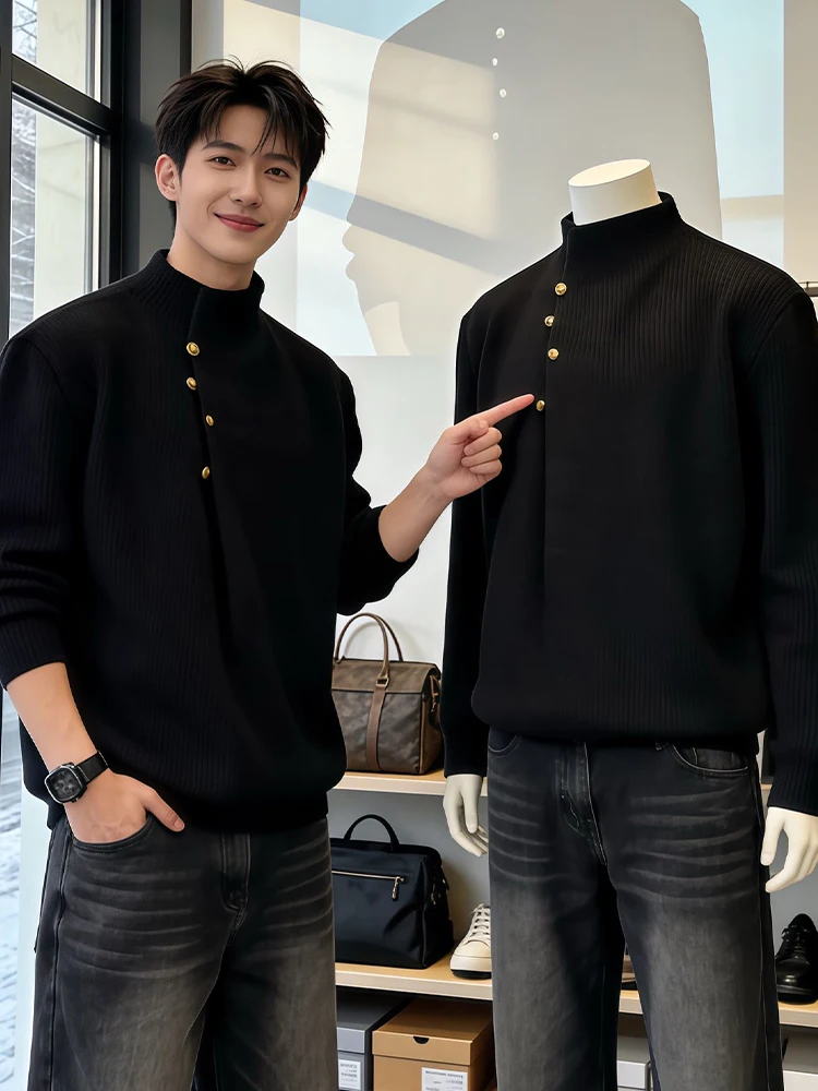 

Мужской трикотажный свитер с высоким воротником, зимний, повседневный, свободного кроя, удобный, мягкий, толстый, длинный