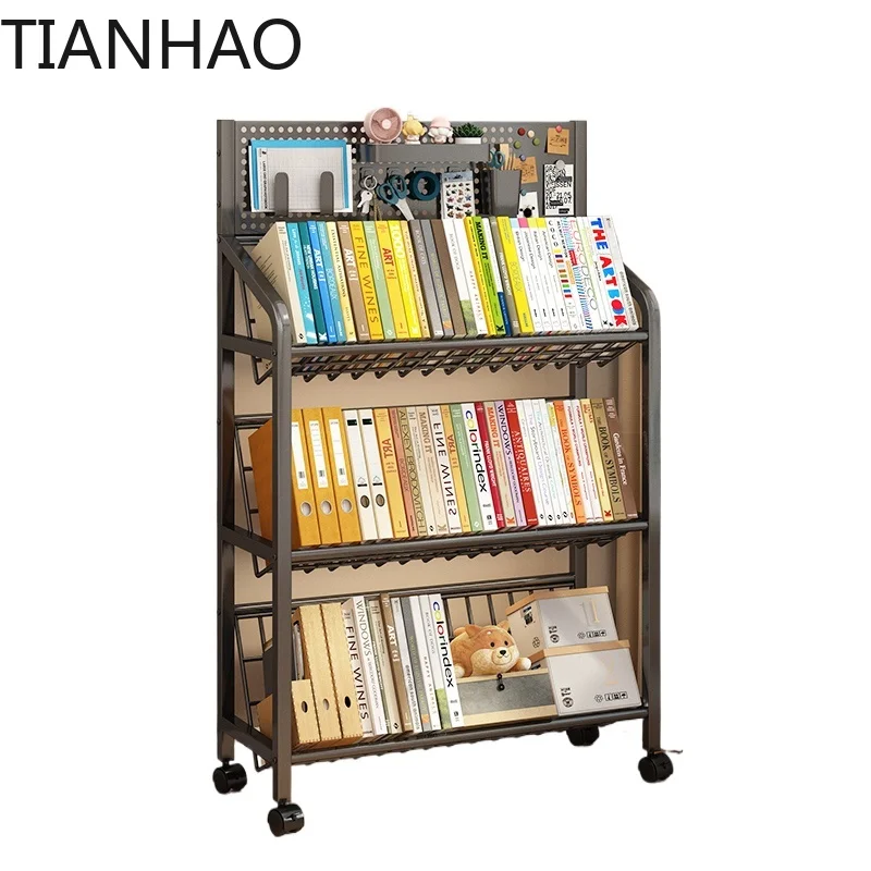 Living Room Magazine Iron Bookcase Floor Standing Multi-Layer Bookshelf Movable Storage Organizer Wheels Books Toys Furniture